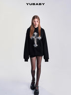 YUBABY Fleece Lined Rhinestone Cross Graffiti Oversized Women's Cotton Blend Hoodies