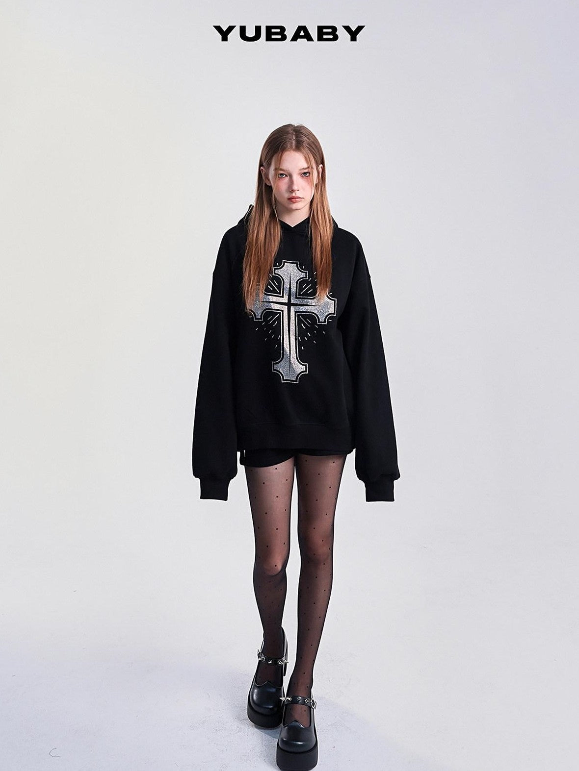 YUBABY Fleece Lined Rhinestone Cross Graffiti Oversized Women's Cotton Blend Hoodies