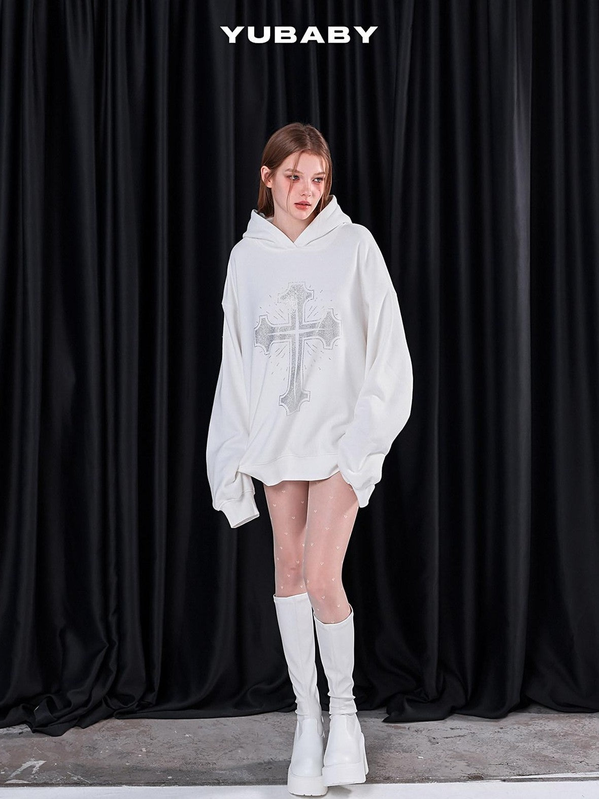 YUBABY Fleece Lined Rhinestone Cross Graffiti Oversized Women's Cotton Blend Hoodies