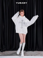 YUBABY Fleece Lined Rhinestone Cross Graffiti Oversized Women's Cotton Blend Hoodies