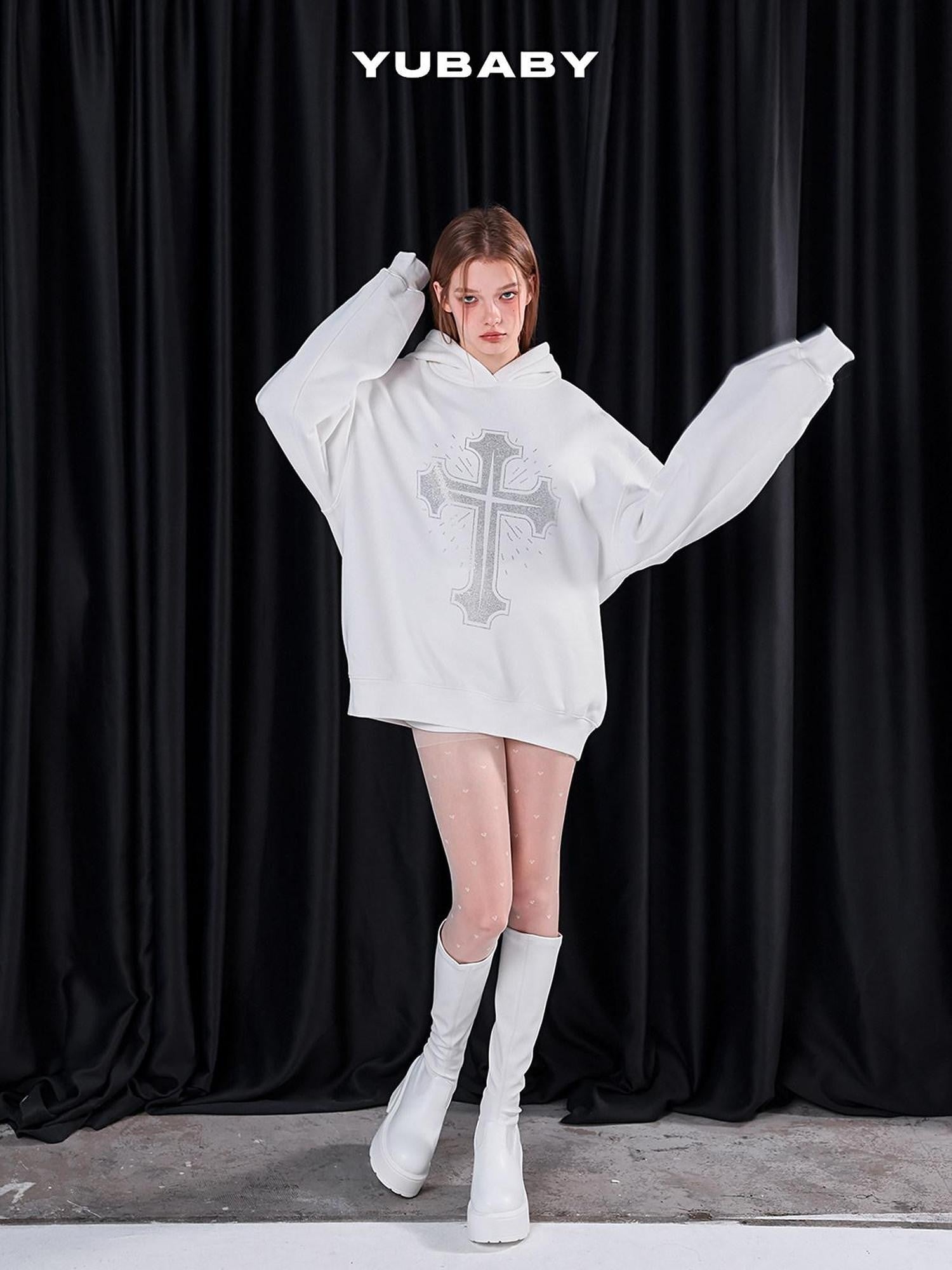 YUBABY Fleece Lined Rhinestone Cross Graffiti Oversized Women's Cotton Blend Hoodies