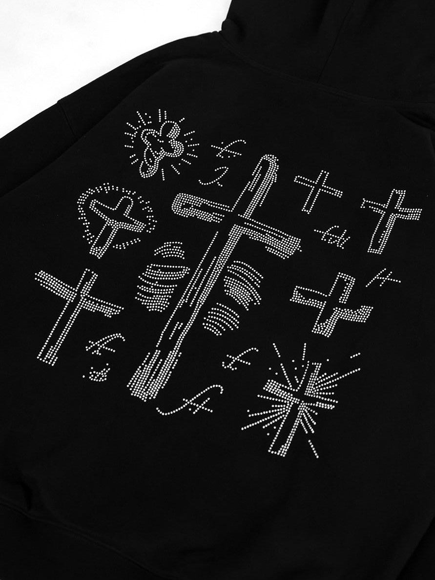 YUBABY Fleece Lined Rhinestone Cross Graffiti Oversized Women's Cotton Blend Hoodies