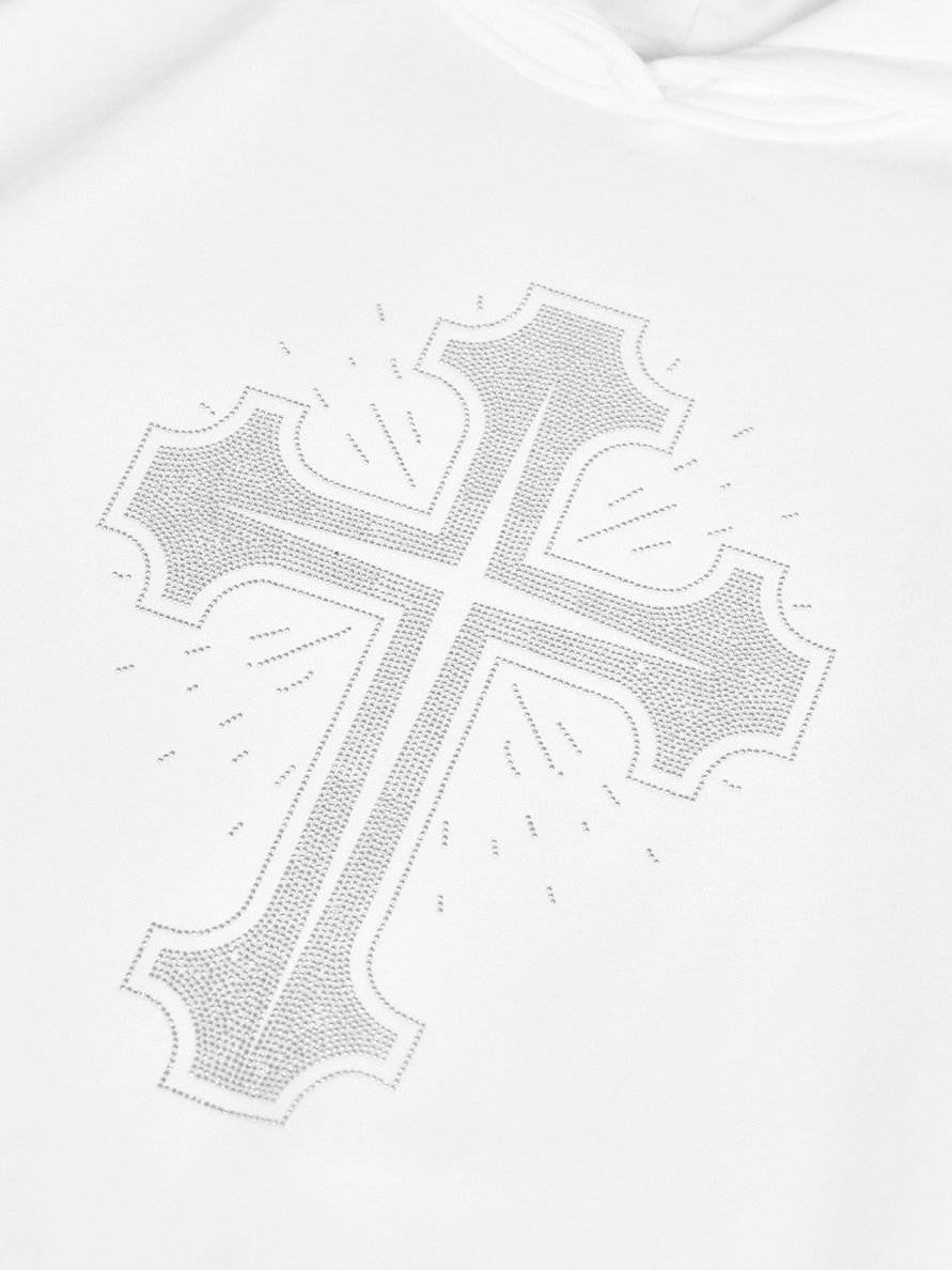 YUBABY Fleece Lined Rhinestone Cross Graffiti Oversized Women's Cotton Blend Hoodies