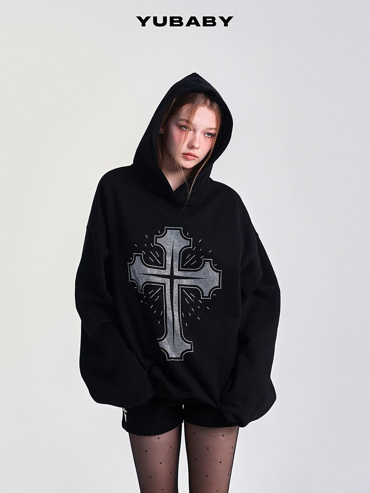 YUBABY Fleece Lined Rhinestone Cross Graffiti Oversized Women's Cotton Blend Hoodies