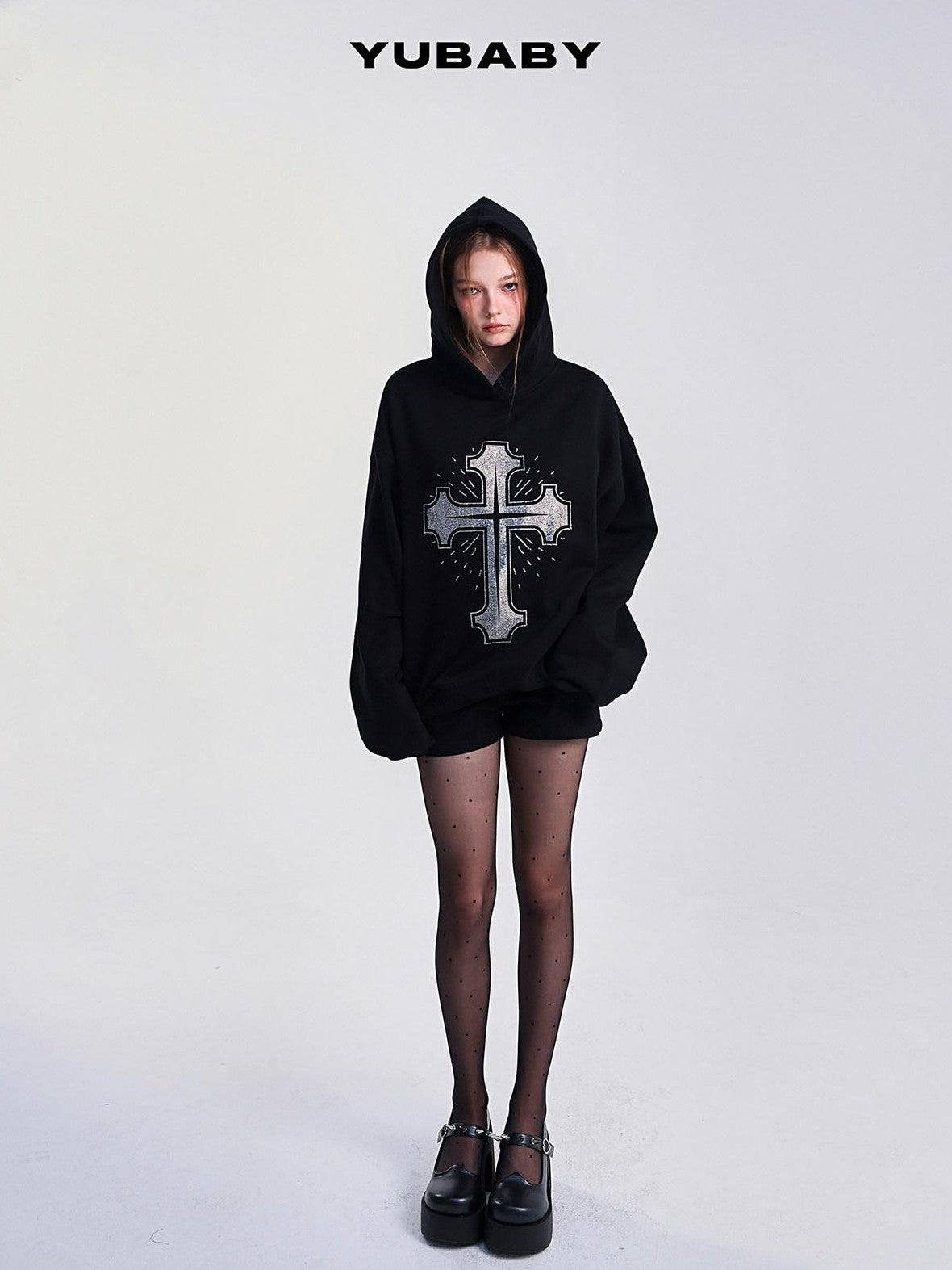 YUBABY Fleece Lined Rhinestone Cross Graffiti Oversized Women's Cotton Blend Hoodies