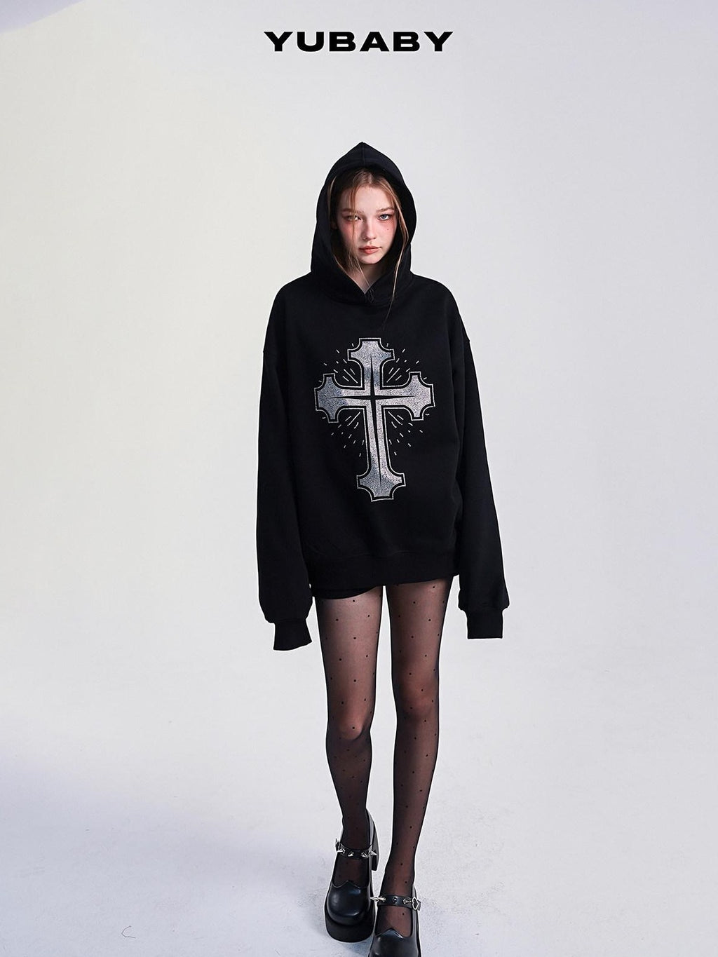 YUBABY Fleece Lined Rhinestone Cross Graffiti Oversized Women's Cotton Blend Hoodies