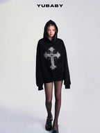 YUBABY Fleece Lined Rhinestone Cross Graffiti Oversized Women's Cotton Blend Hoodies