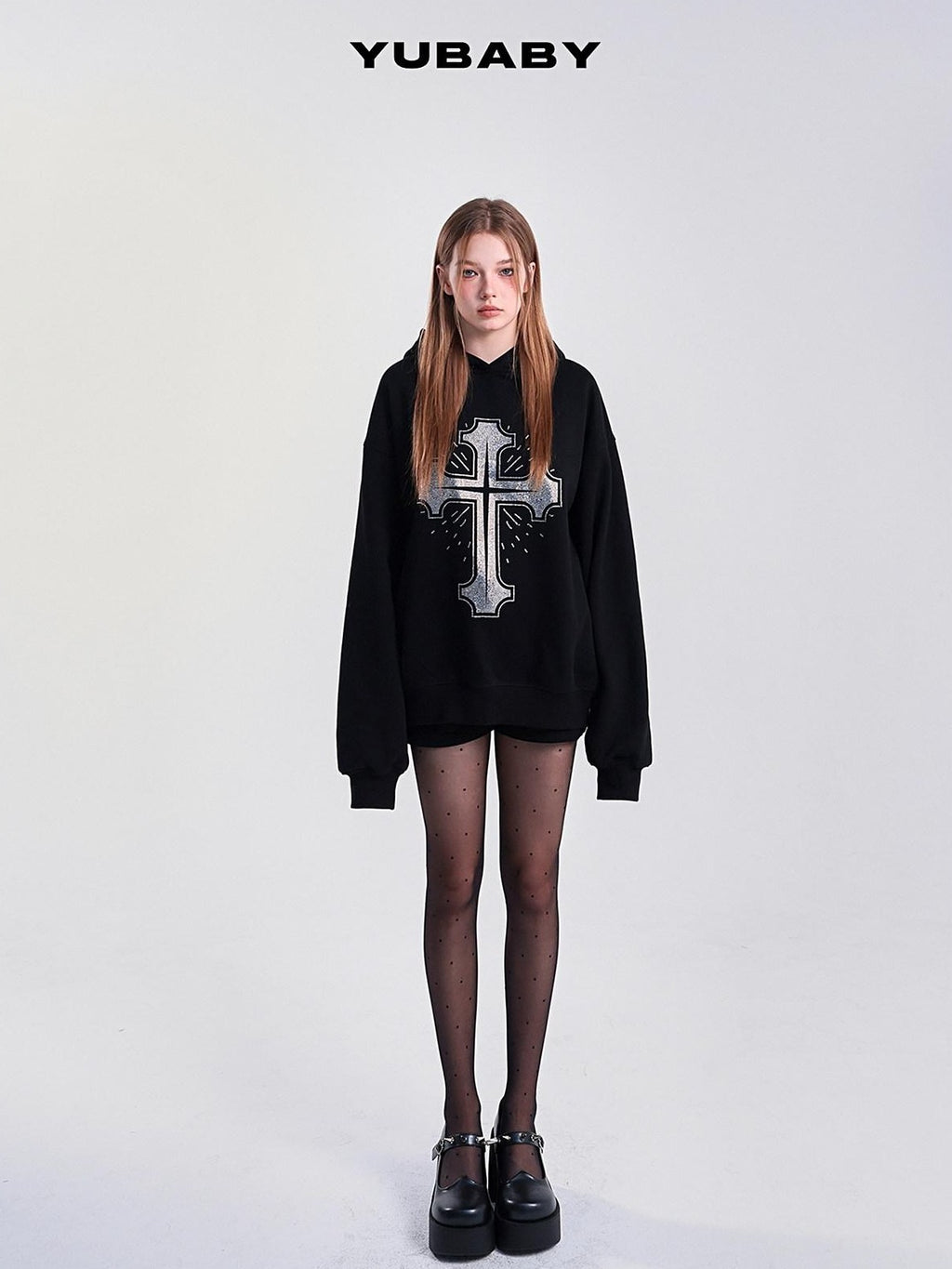 YUBABY Fleece Lined Rhinestone Cross Graffiti Oversized Women's Cotton Blend Hoodies