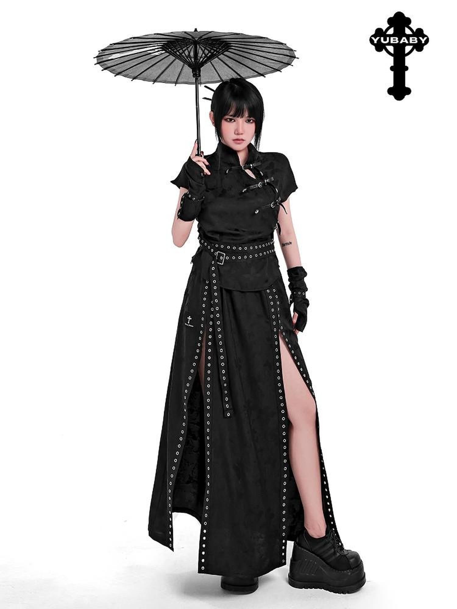 YUBABY Flowing New Chinese High Slit Punk A Line Women's Polyester Blend Maxi Skirts