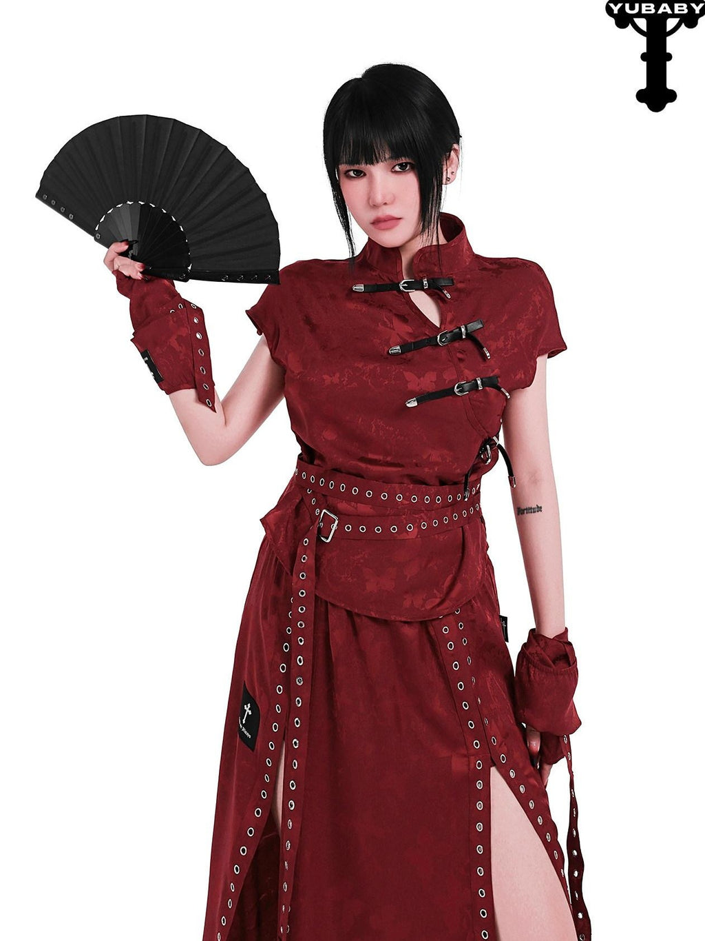 YUBABY Flowing New Chinese High Slit Punk A Line Women's Polyester Blend Maxi Skirts