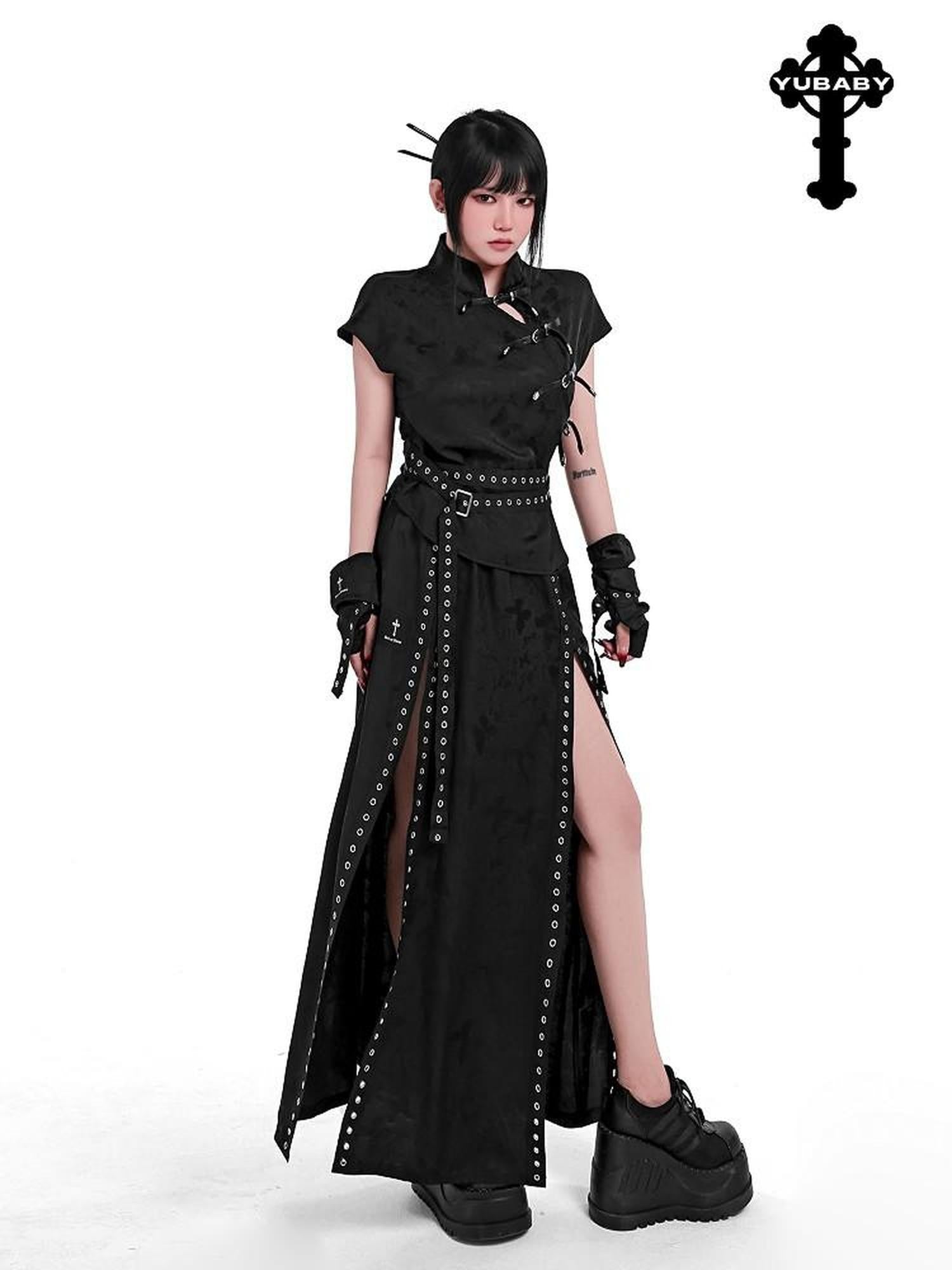 YUBABY Flowing New Chinese High Slit Punk A Line Women's Polyester Blend Maxi Skirts