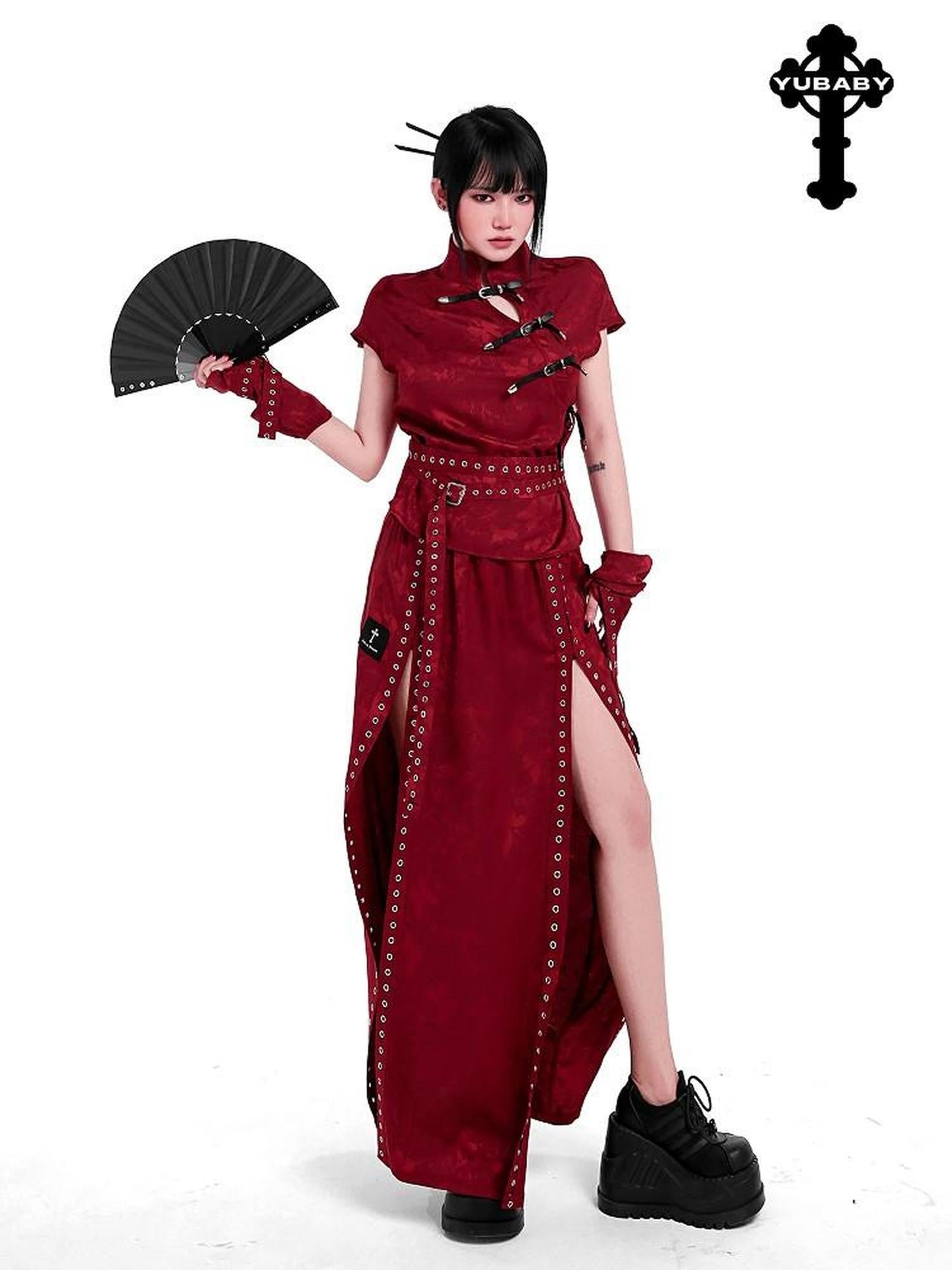 YUBABY Flowing New Chinese High Slit Punk A Line Women's Polyester Blend Maxi Skirts