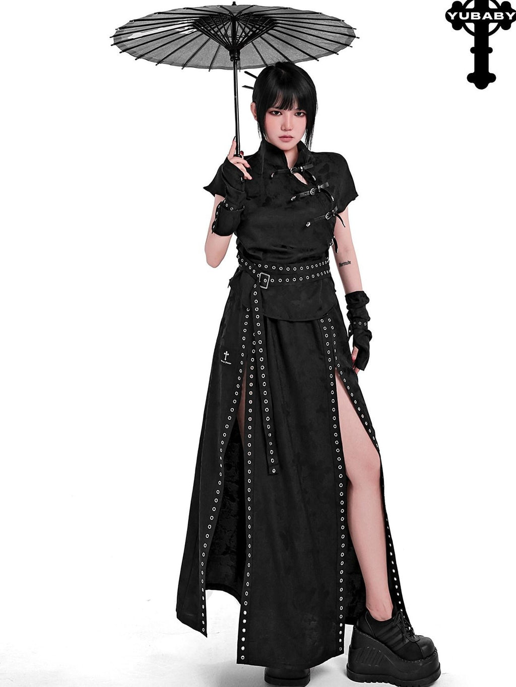 YUBABY Flowing New Chinese High Slit Punk A Line Women's Polyester Blend Maxi Skirts
