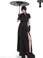 YUBABY Flowing New Chinese High Slit Punk A Line Women's Polyester Blend Maxi Skirts
