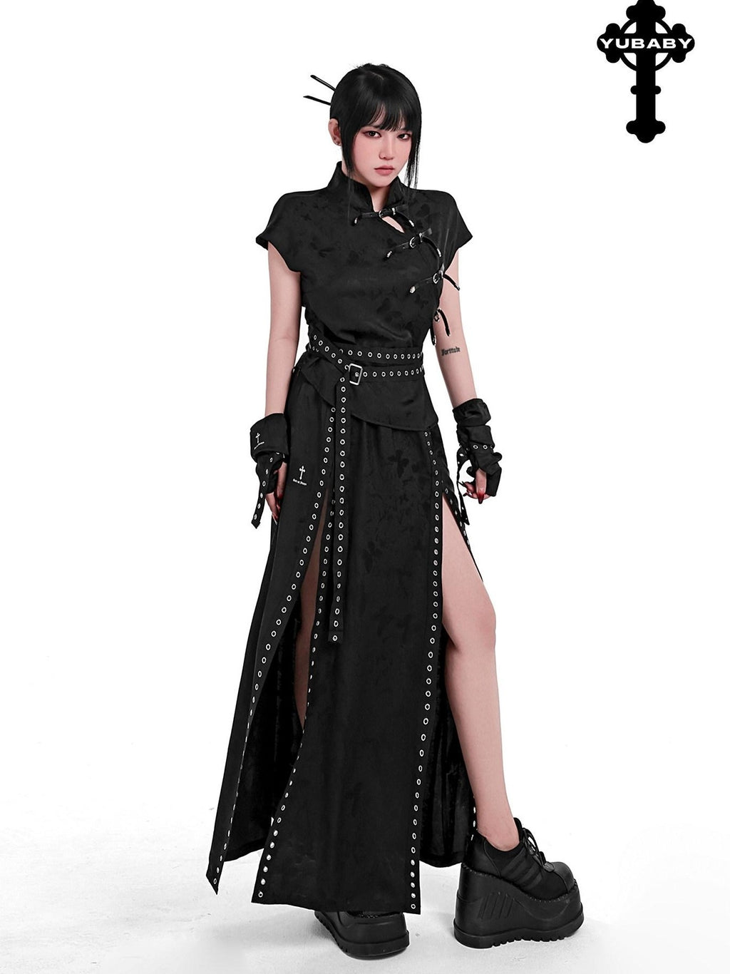 YUBABY Flowing New Chinese High Slit Punk A Line Women's Polyester Blend Maxi Skirts
