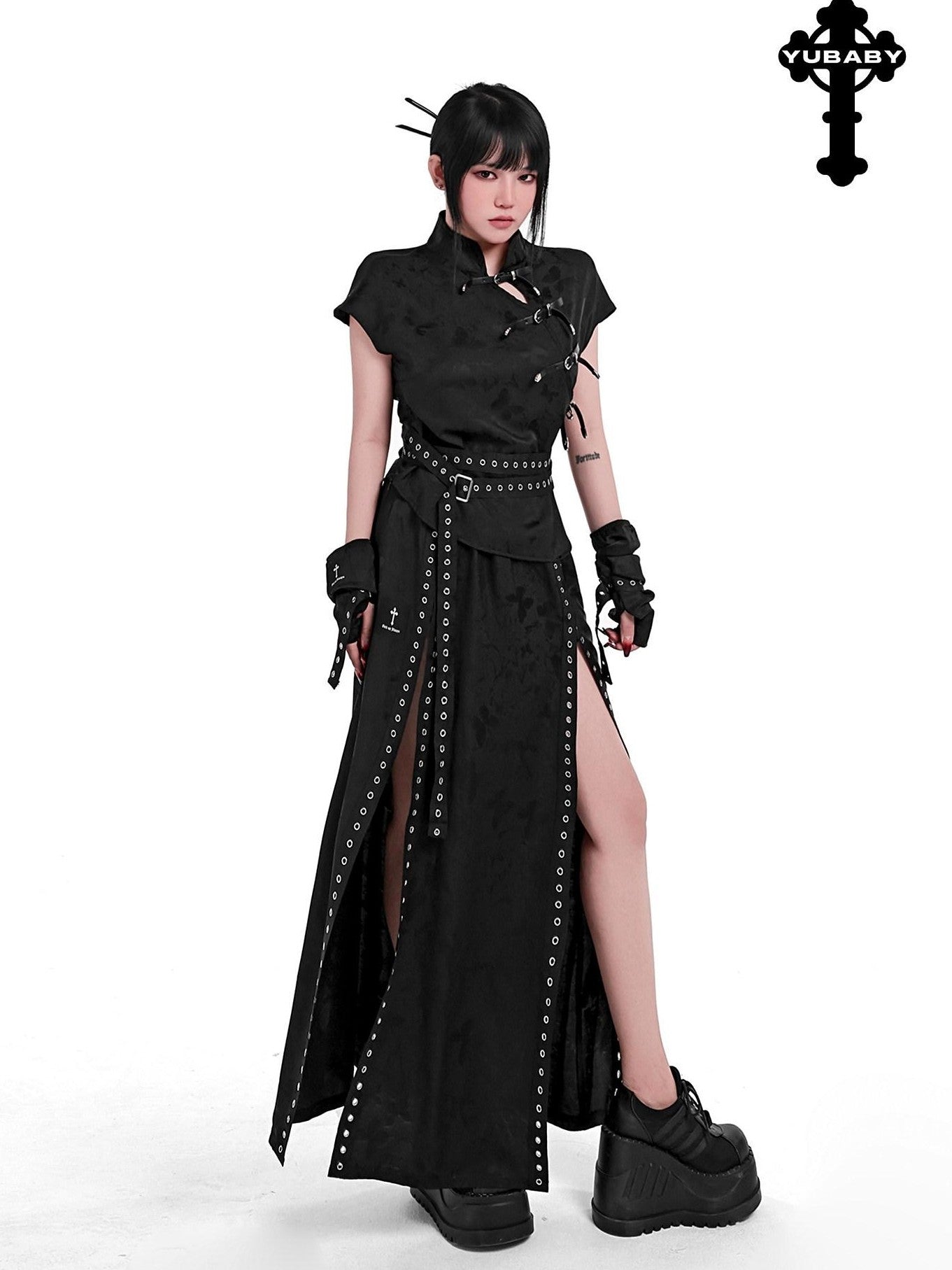 YUBABY Flowing New Chinese High Slit Punk A Line Women's Polyester Blend Maxi Skirts
