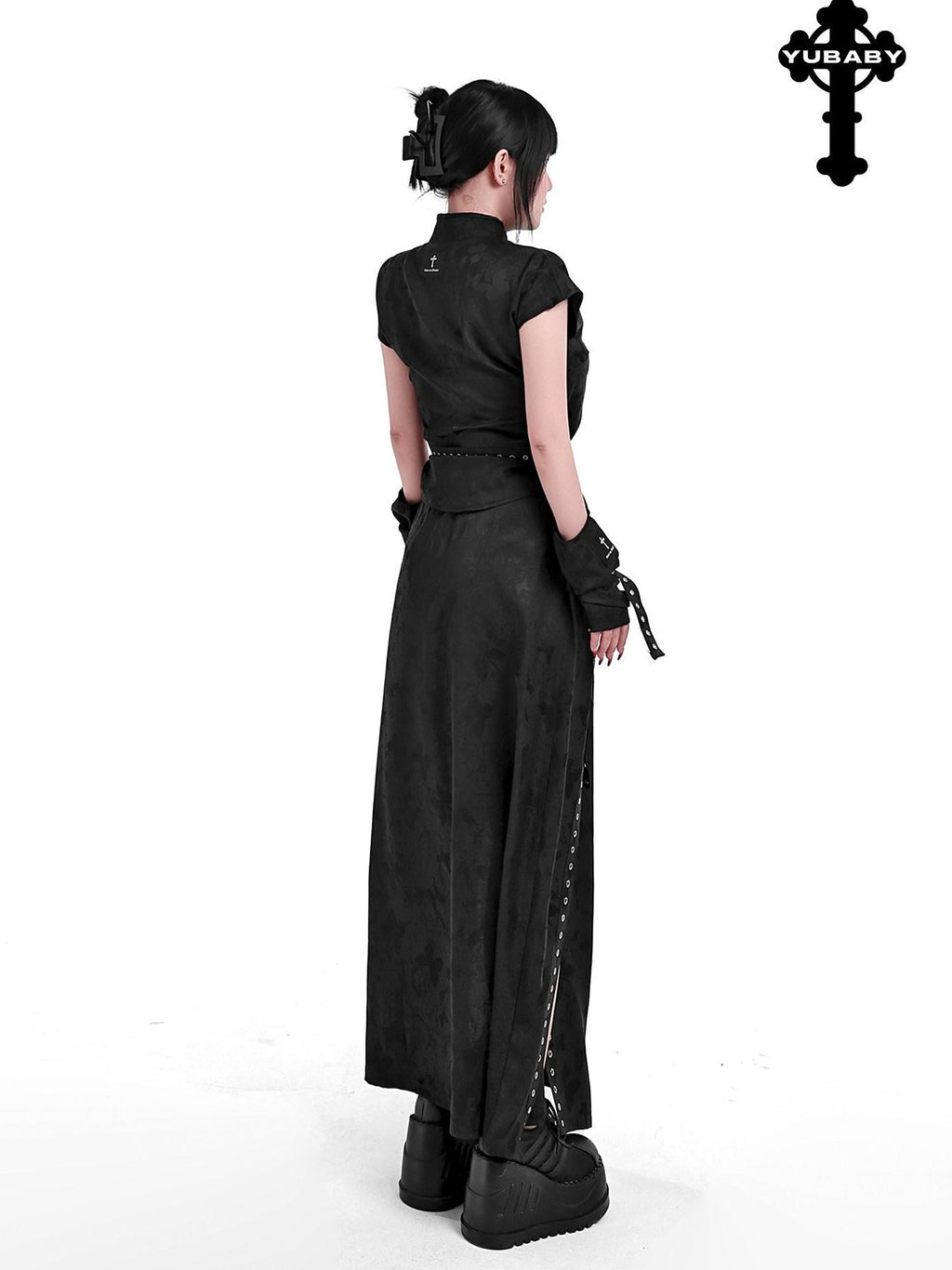 YUBABY Flowing New Chinese High Slit Punk A Line Women's Polyester Blend Maxi Skirts