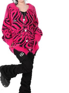 YUBABY Fuchsia Zebra Print Batwing Women's Mohair Mid Length Cardigans