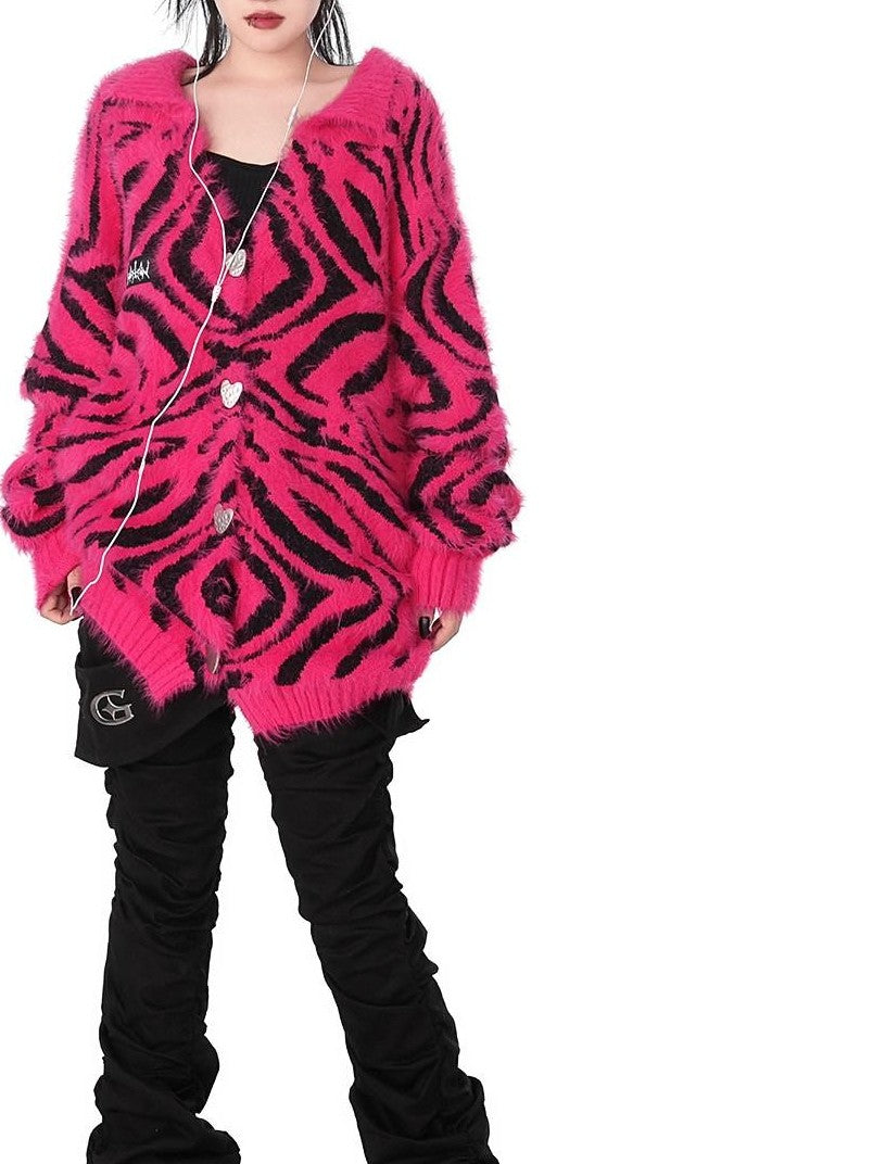 YUBABY Fuchsia Zebra Print Batwing Women's Mohair Mid Length Cardigans