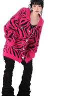 YUBABY Fuchsia Zebra Print Batwing Women's Mohair Mid Length Cardigans