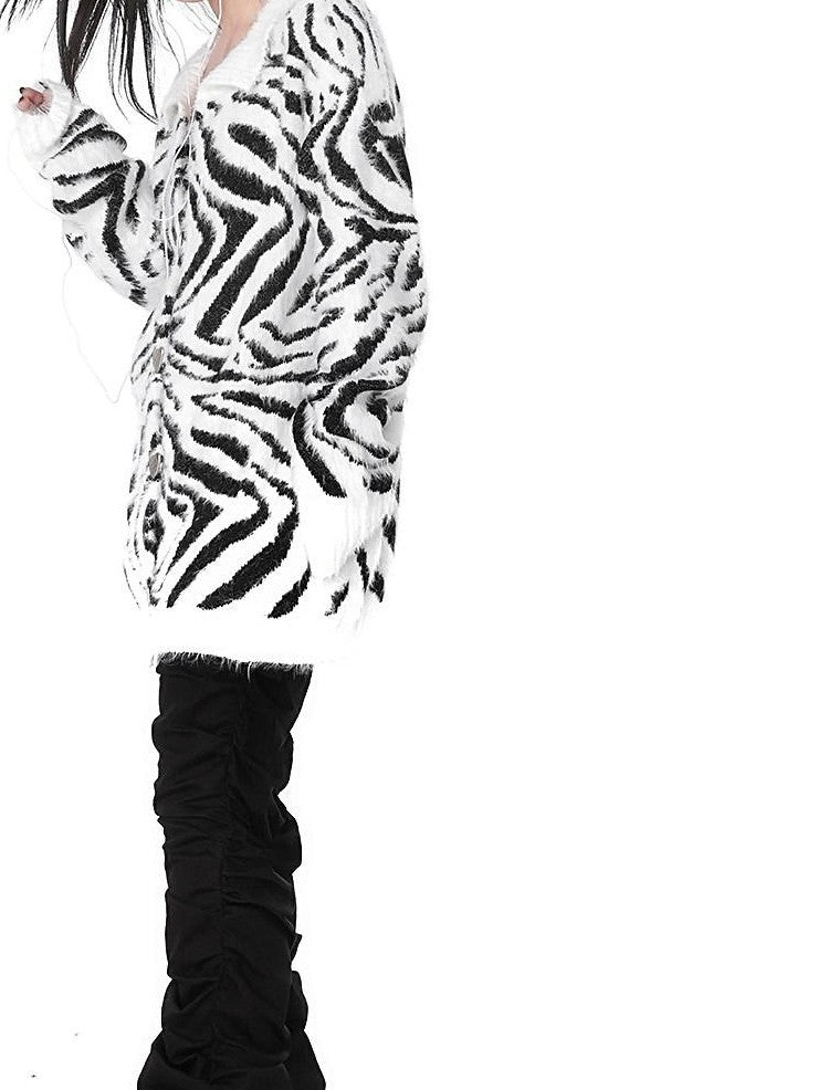 YUBABY Fuchsia Zebra Print Batwing Women's Mohair Mid Length Cardigans