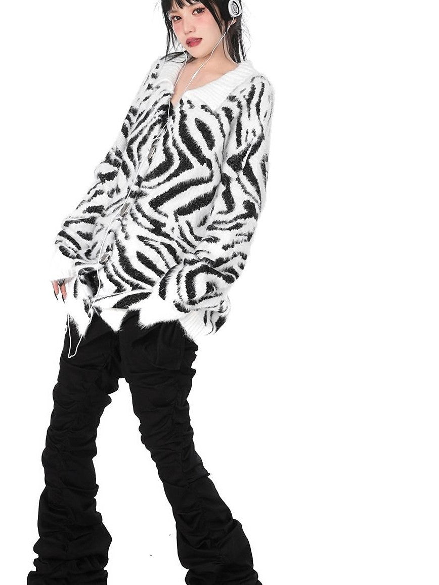 YUBABY Fuchsia Zebra Print Batwing Women's Mohair Mid Length Cardigans