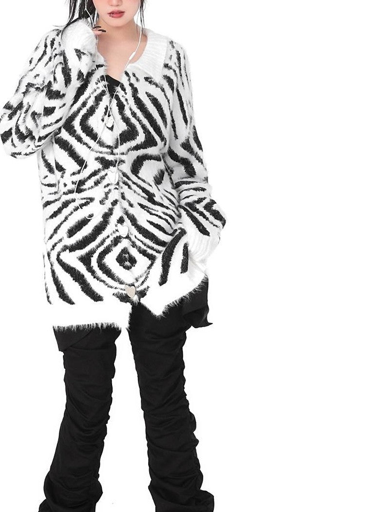 YUBABY Fuchsia Zebra Print Batwing Women's Mohair Mid Length Cardigans