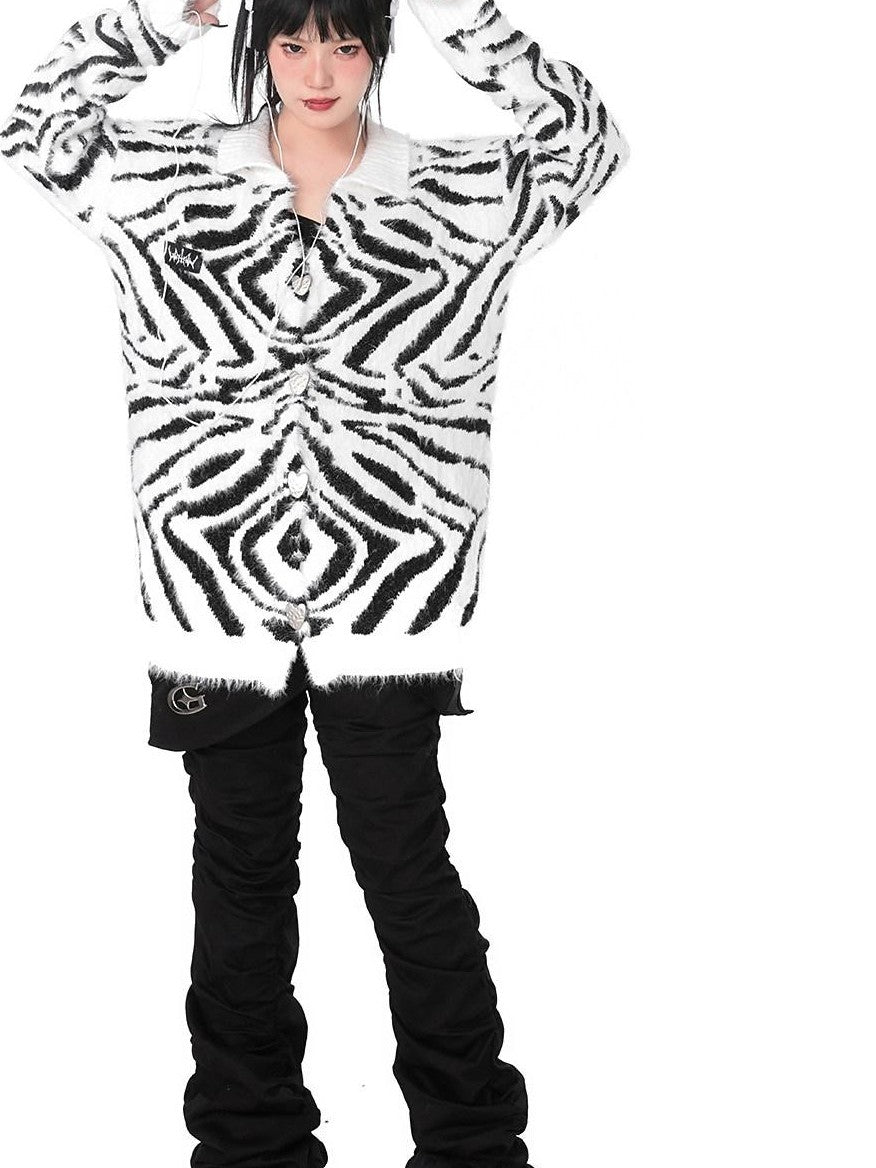YUBABY Fuchsia Zebra Print Batwing Women's Mohair Mid Length Cardigans