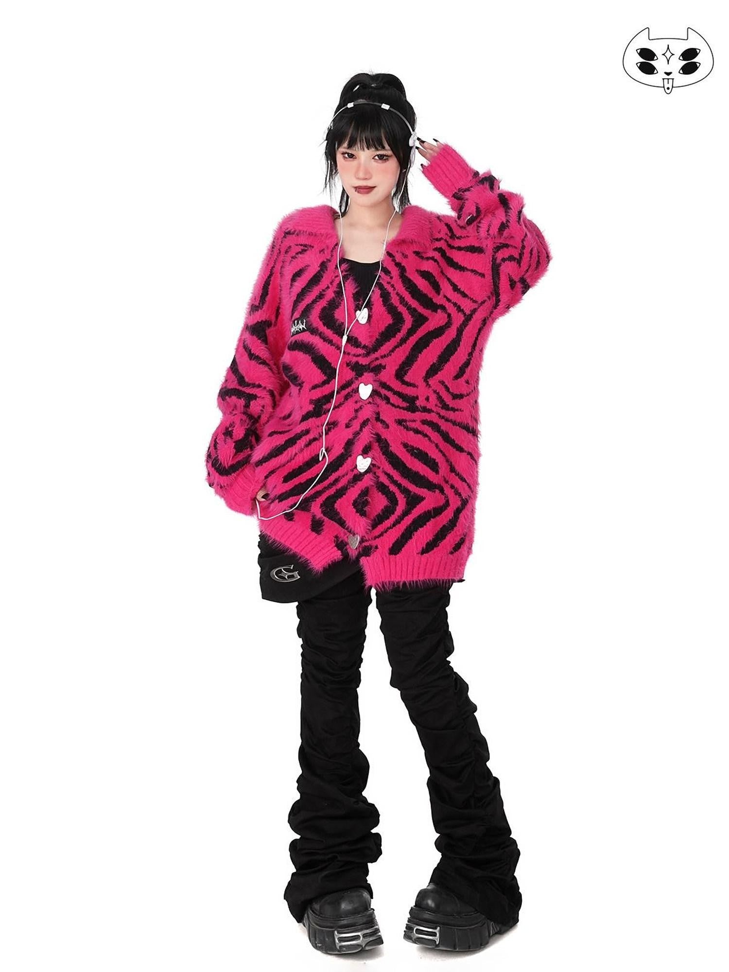 YUBABY Fuchsia Zebra Print Batwing Women's Mohair Mid Length Cardigans