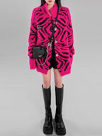 YUBABY Fuchsia Zebra Print Batwing Women's Mohair Mid Length Cardigans