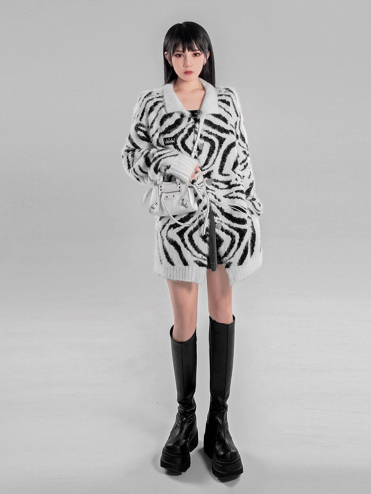 YUBABY Fuchsia Zebra Print Batwing Women's Mohair Mid Length Cardigans