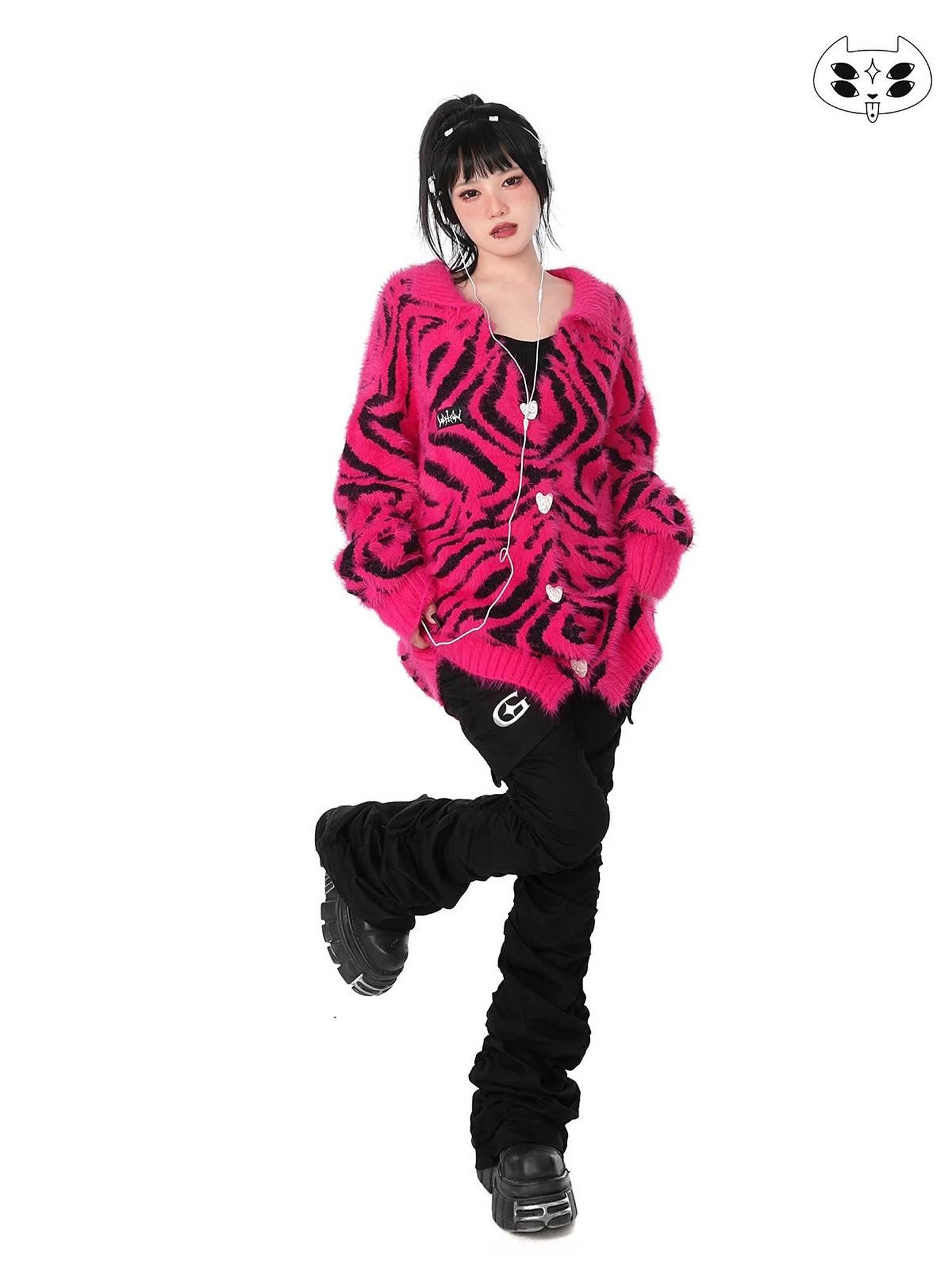 YUBABY Fuchsia Zebra Print Batwing Women's Mohair Mid Length Cardigans
