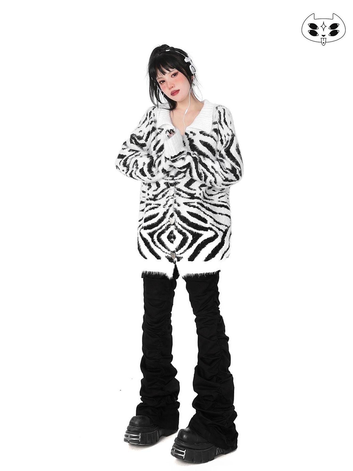 YUBABY Fuchsia Zebra Print Batwing Women's Mohair Mid Length Cardigans