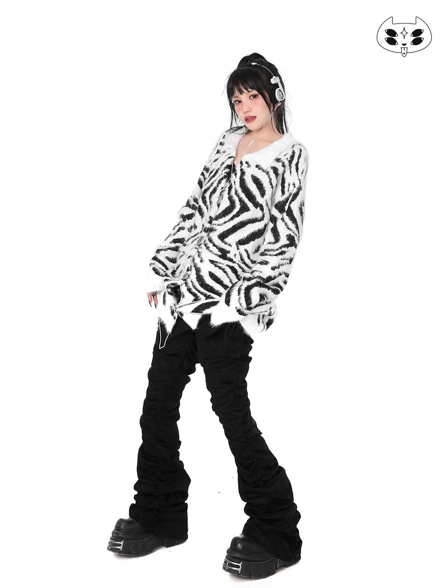 YUBABY Fuchsia Zebra Print Batwing Women's Mohair Mid Length Cardigans