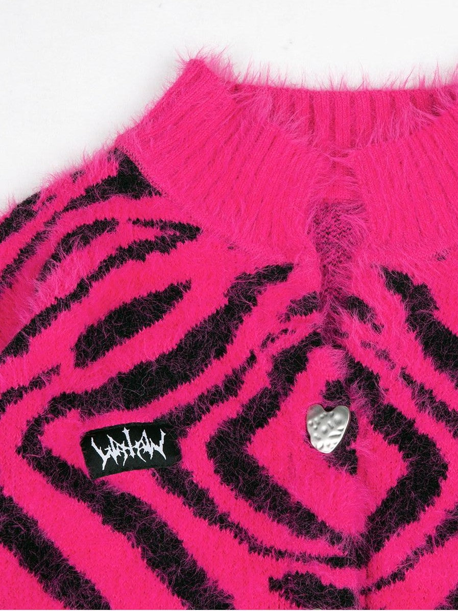 YUBABY Fuchsia Zebra Print Batwing Women's Mohair Mid Length Cardigans