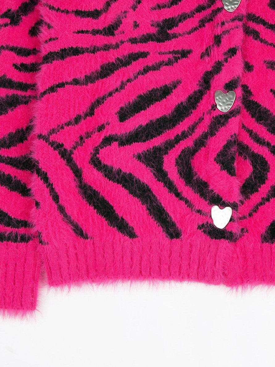YUBABY Fuchsia Zebra Print Batwing Women's Mohair Mid Length Cardigans