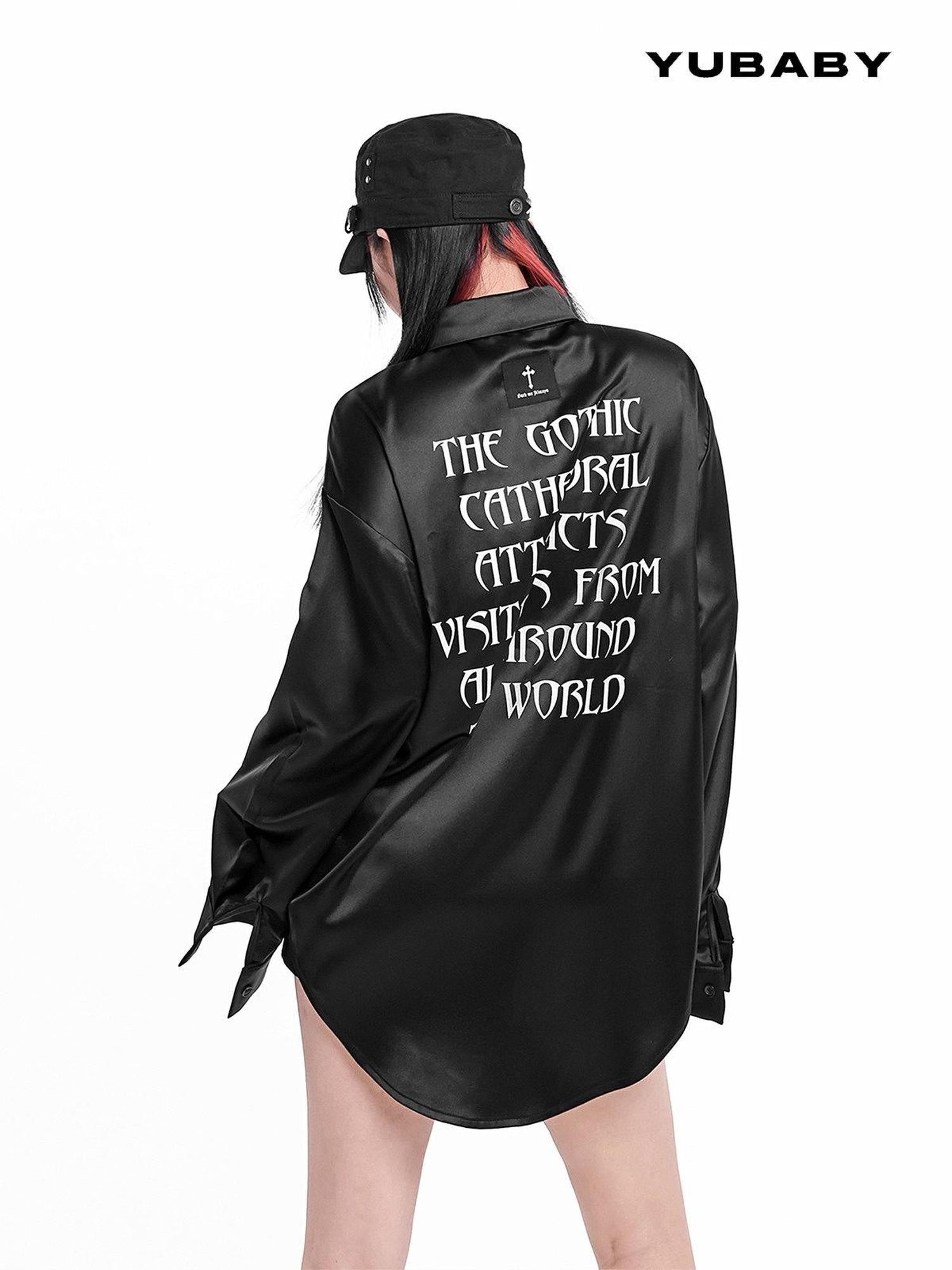 YUBABY Full Back Print Gothic Polo Collar Lettering Women's Triacetate Blend Shirts