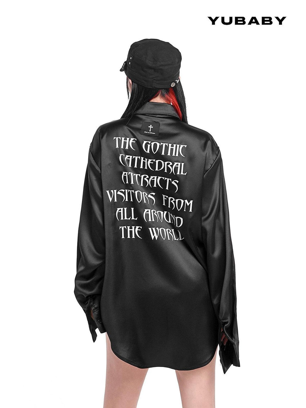 YUBABY Full Back Print Gothic Polo Collar Lettering Women's Triacetate Blend Shirts