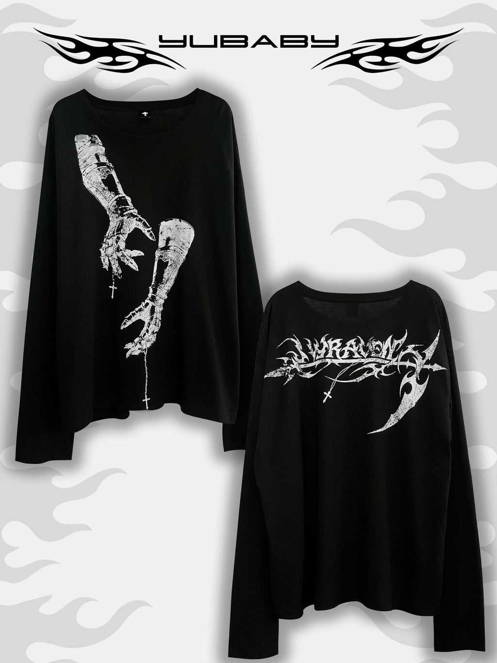 YUBABY Gothic Armor Gauntlet Cross Chain Print Women's Long Sleeve T-shirts