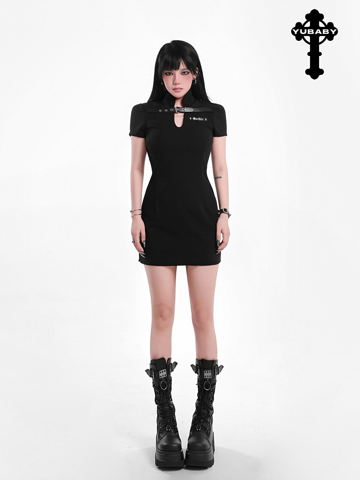 YUBABY Gothic Belted Qipao Bodycon Women's Polyester Little Black Casual Mini Dresses