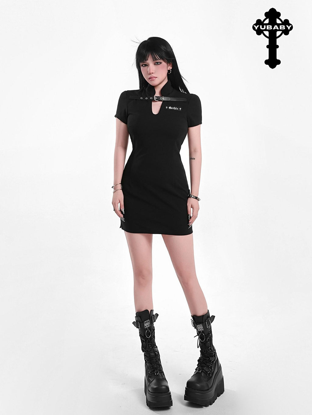 YUBABY Gothic Belted Qipao Bodycon Women's Polyester Little Black Casual Mini Dresses