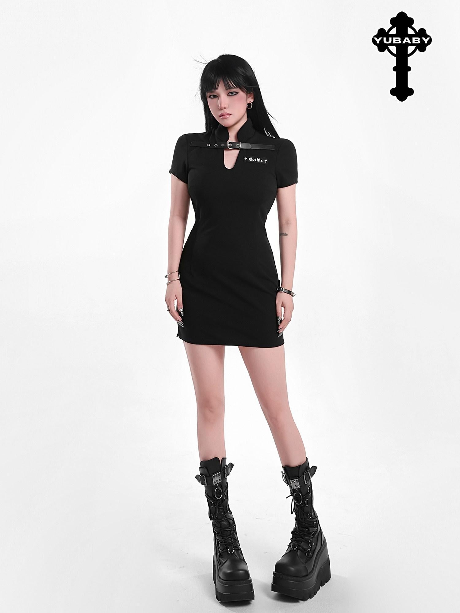 YUBABY Gothic Belted Qipao Bodycon Women's Polyester Little Black Casual Mini Dresses