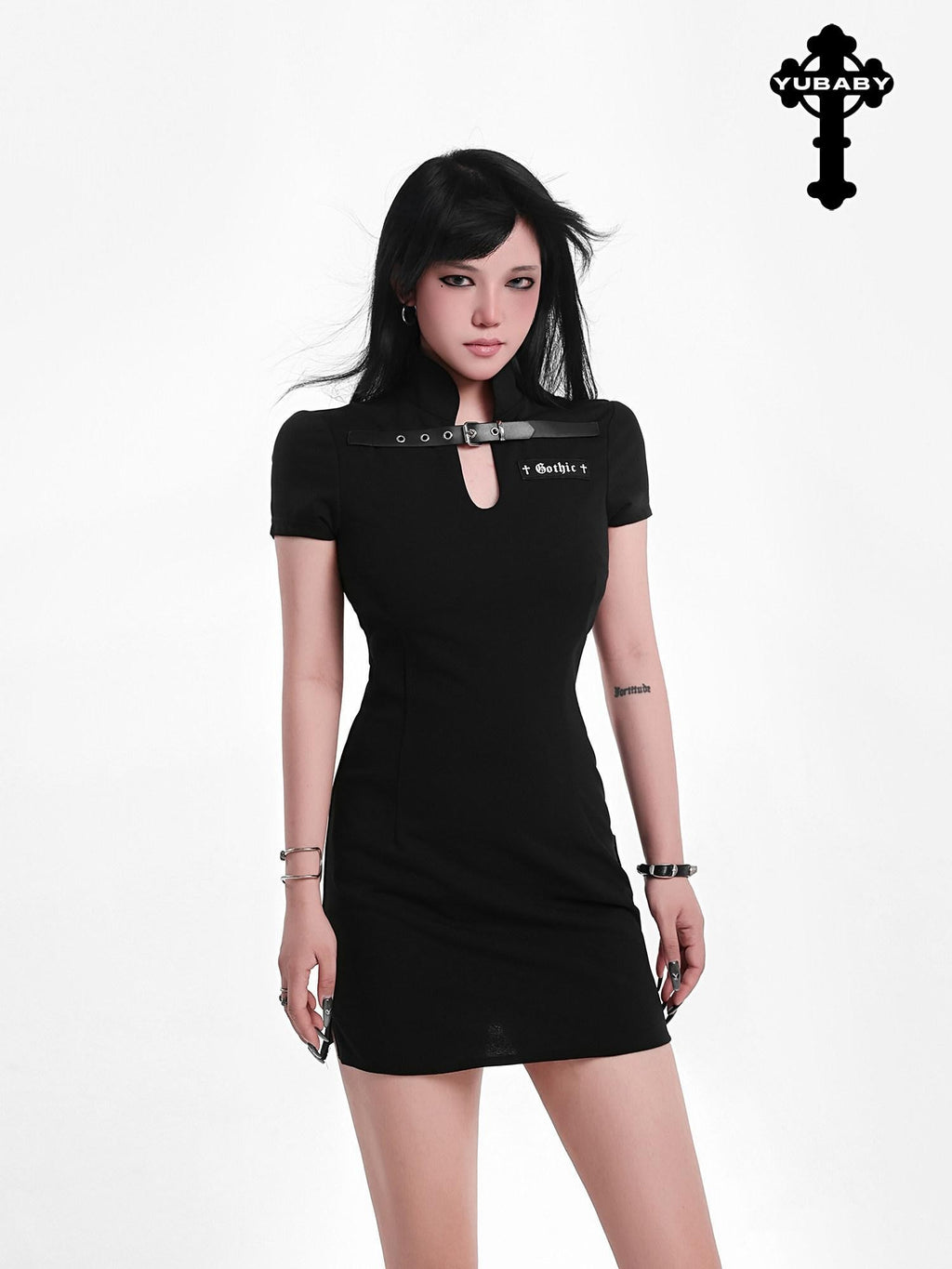 YUBABY Gothic Belted Qipao Bodycon Women's Polyester Little Black Casual Mini Dresses