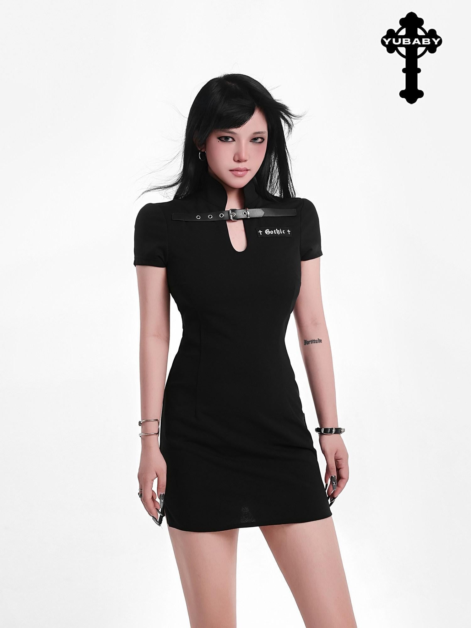 YUBABY Gothic Belted Qipao Bodycon Women's Polyester Little Black Casual Mini Dresses