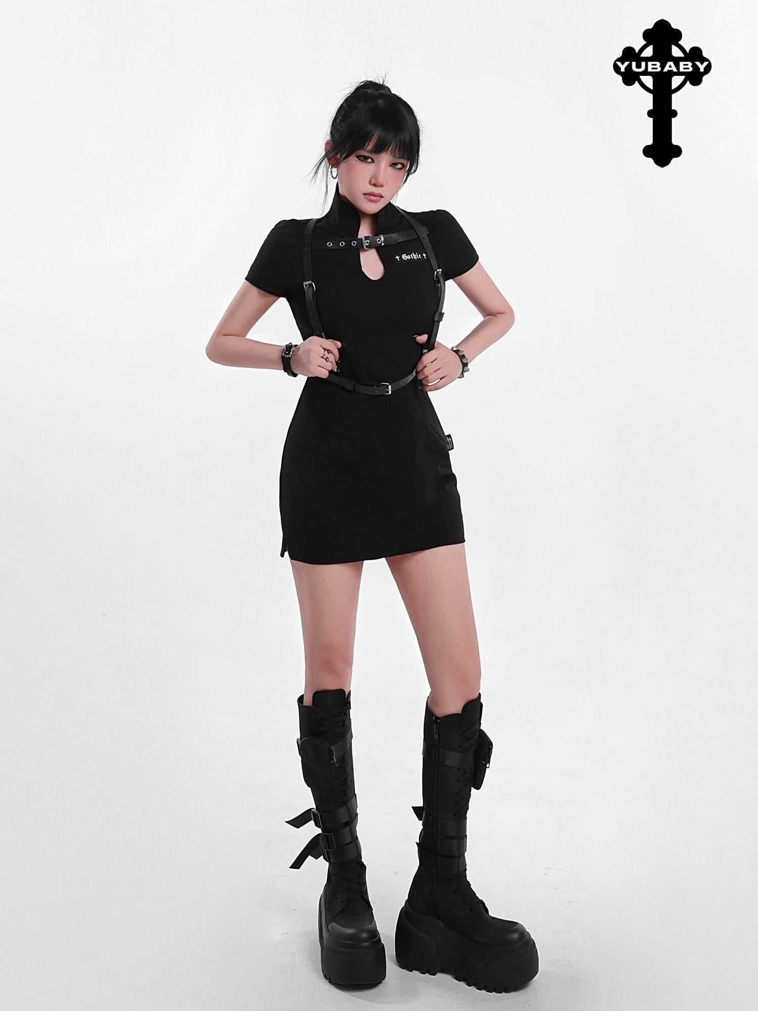 YUBABY Gothic Belted Qipao Bodycon Women's Polyester Little Black Casual Mini Dresses