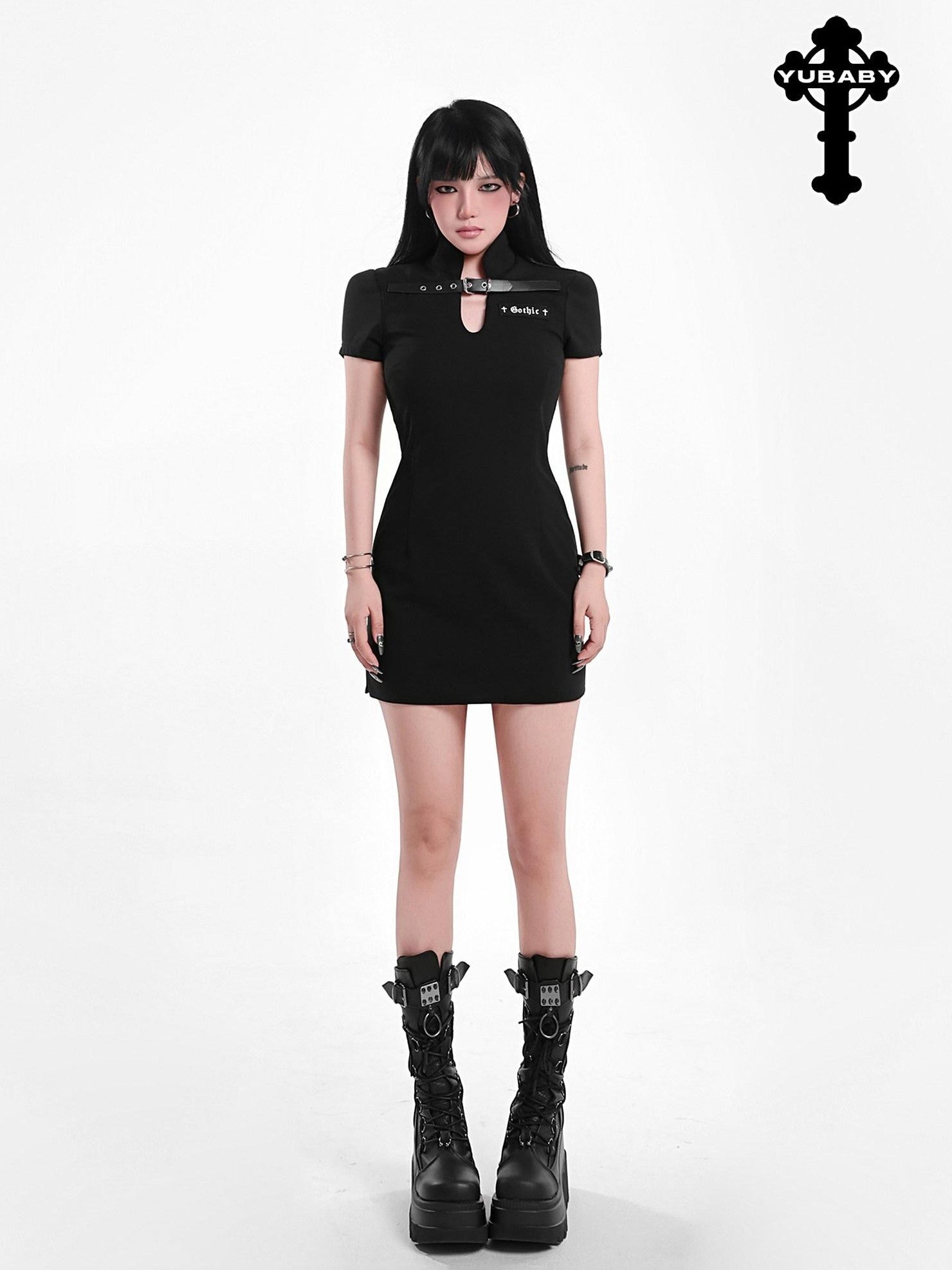 YUBABY Gothic Belted Qipao Bodycon Women's Polyester Little Black Casual Mini Dresses