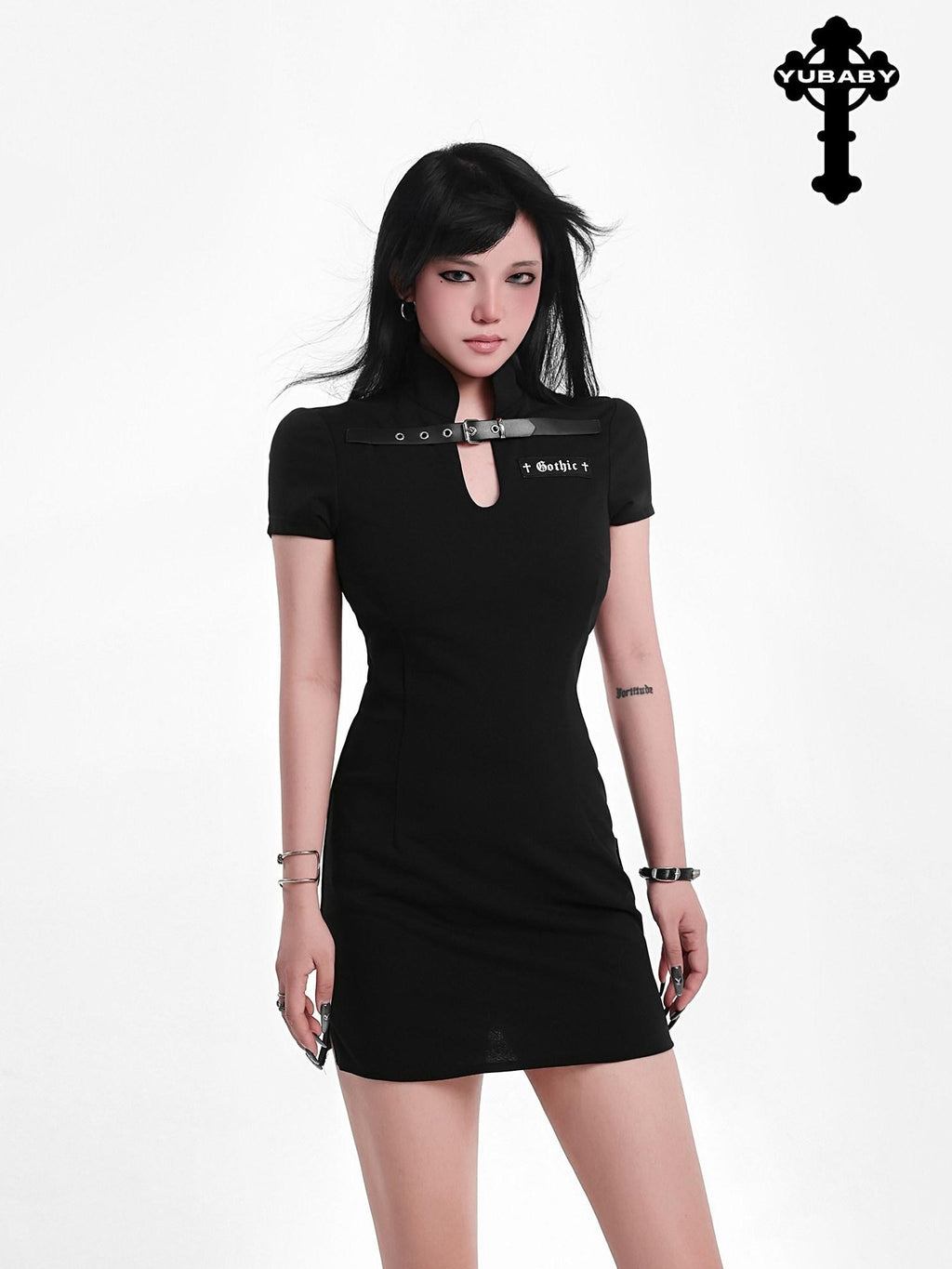YUBABY Gothic Belted Qipao Bodycon Women's Polyester Little Black Casual Mini Dresses