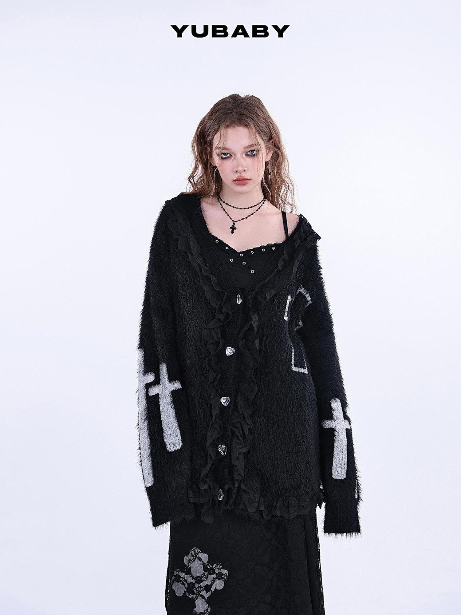 YUBABY Gothic Cross Handcrafted Lace Trim Women's Acrylic Blend Faux Mink Sweaters