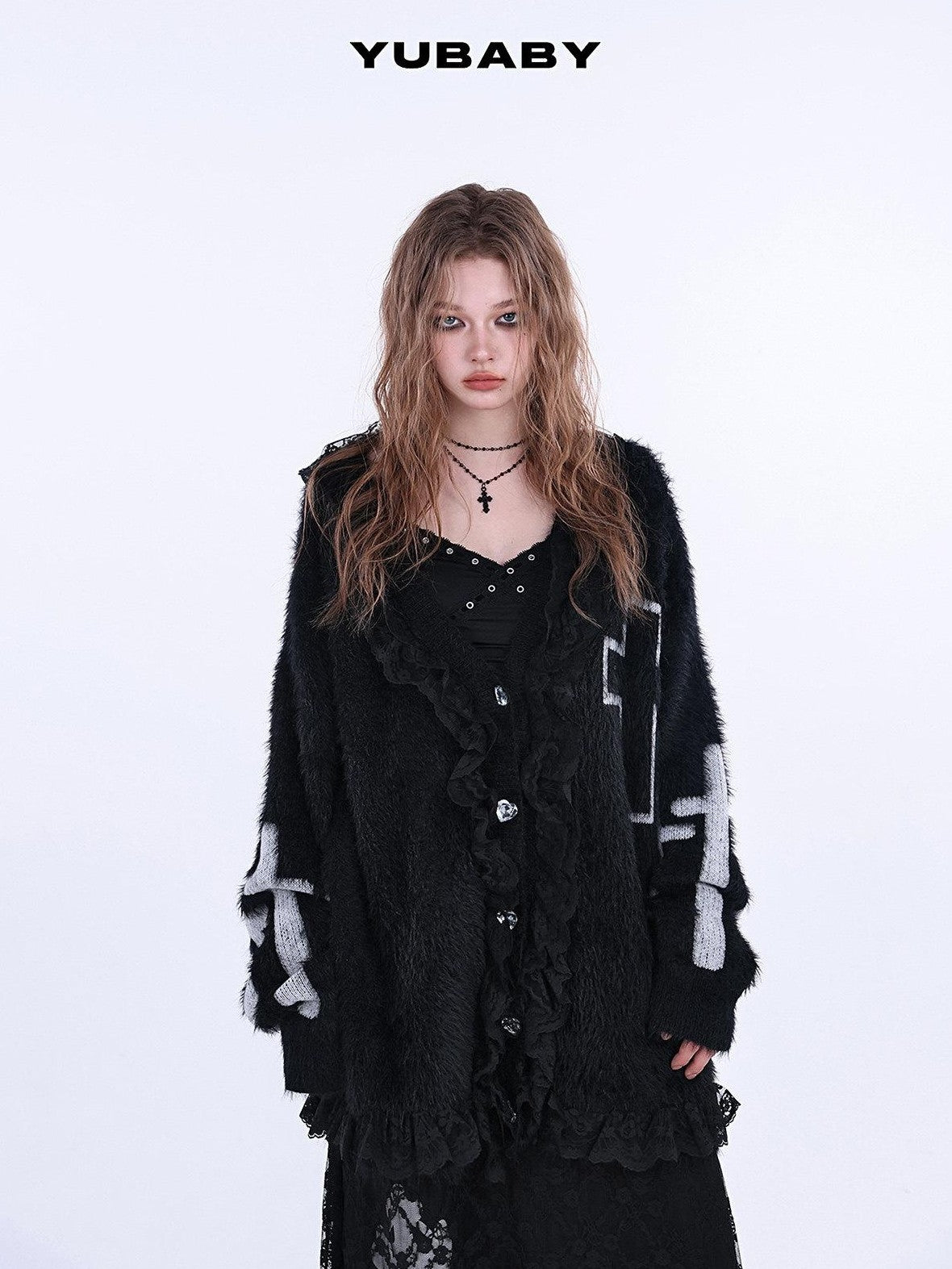 YUBABY Gothic Cross Handcrafted Lace Trim Women's Acrylic Blend Faux Mink Sweaters