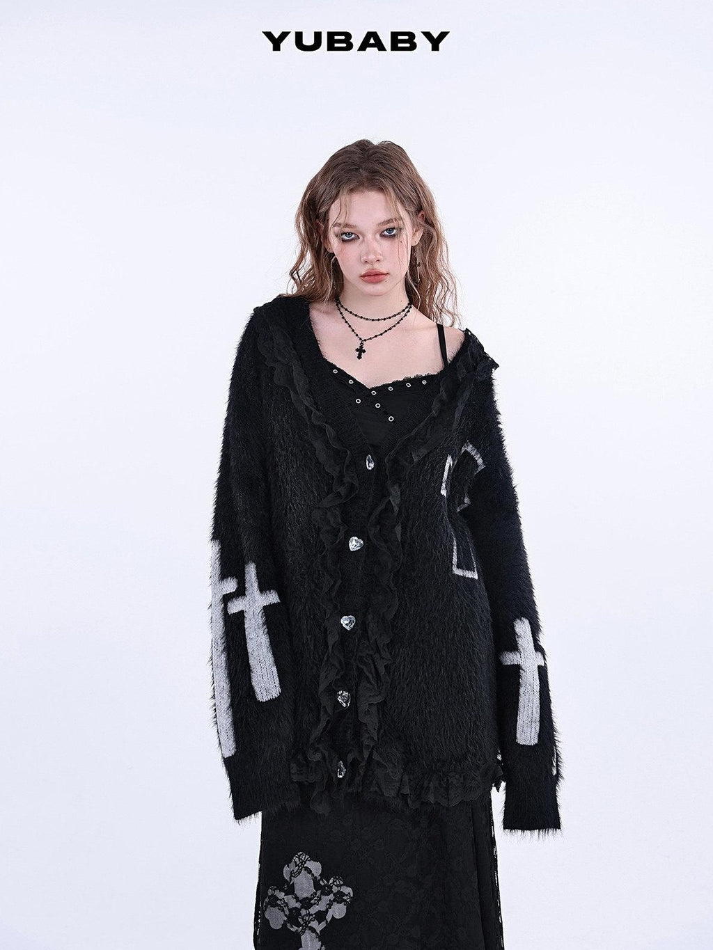 YUBABY Gothic Cross Handcrafted Lace Trim Women's Acrylic Blend Faux Mink Sweaters